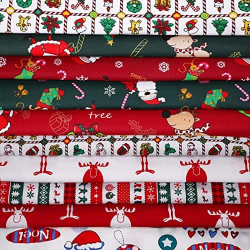 10 Pieces Christmas Cotton Fabric Bundles 18 x 22 Inch Quilting Fabric Sewing Squares Bundle Multicolor Patchwork Xmas Tree Fat Quarters Precut Santa Claus Scraps for Christmas DIY
