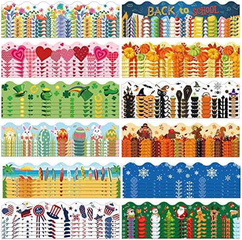 Geyee 360 Pcs Halloween Bulletin Board Borders Decorations Fall Thanksgiving Christmas Holiday Spring Easter Valentine Classroom Borders Bulletin Board Trim for Classroom School, 12 Design(Stylish)