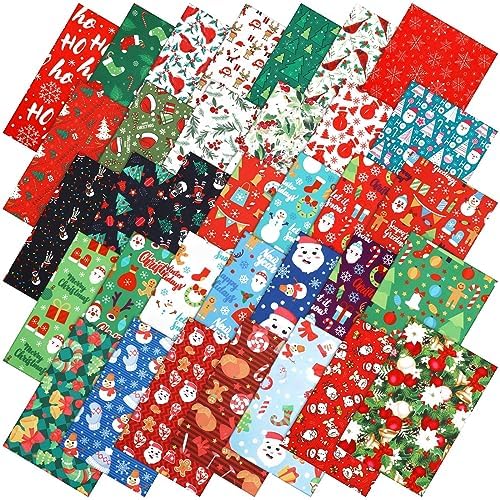 Irenare 100 Pcs 8 x 8 Inches Christmas Fabric Bundles Fat Quarters Santa Claus Precut Fabric Bundle Squares Xmas Tree Snowman Printed Sewing Patchwork for Xmas Winter DIY Crafts Quilting