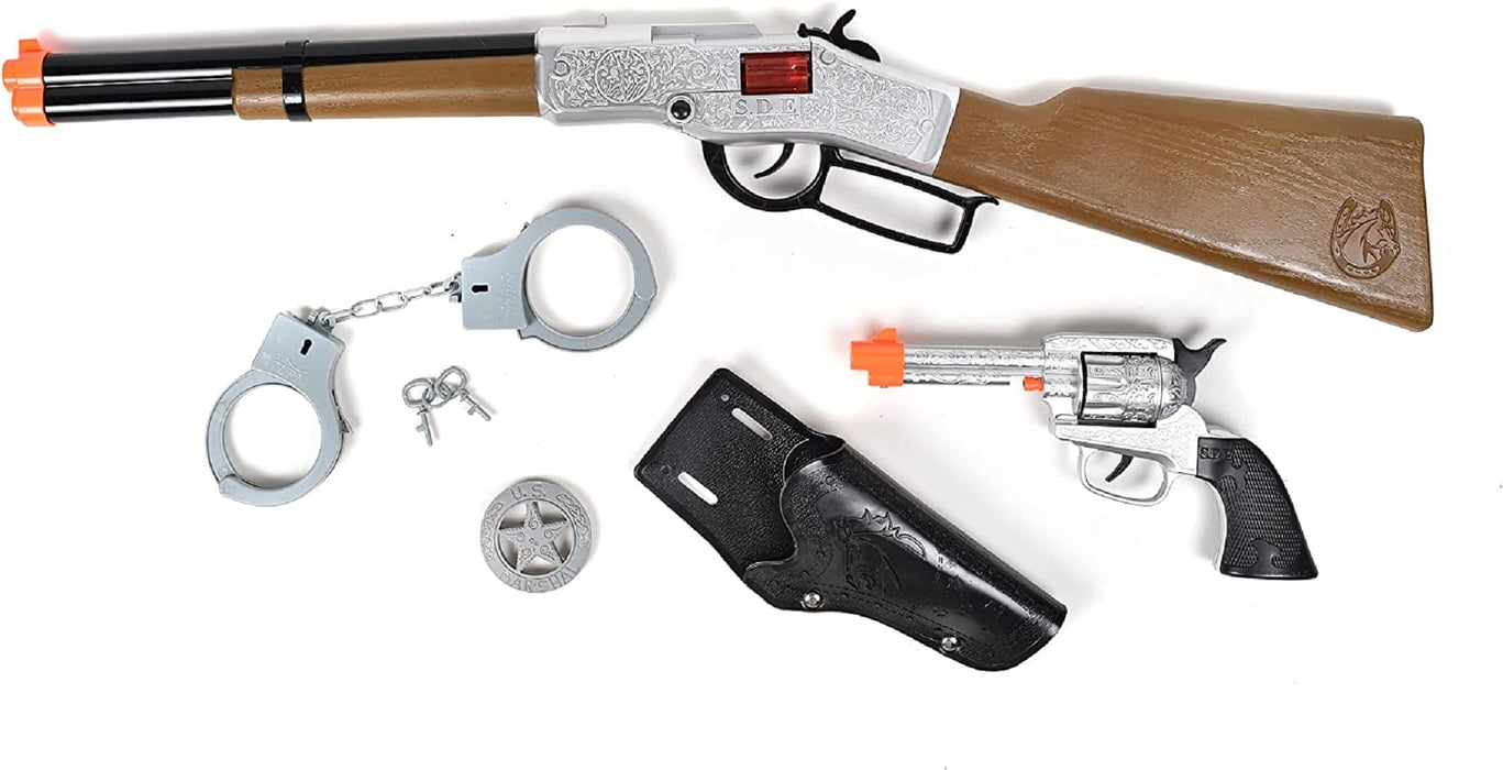 Retros Market Wild West Cap Play Gun Toy Blaster Play Set – 6 Piece Western Toys for Kids | Cowboy Sheriff Cap Blaster with Handcuffs | Ring Caps Sold Separately - Maxx Action