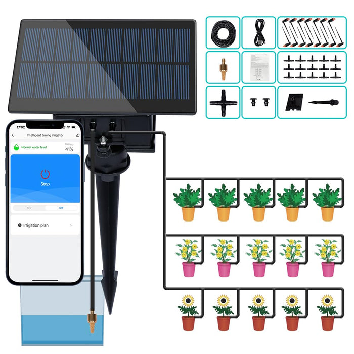 Lokreni - Solar WiFi Smart Automatic Watering System for Potted Plants 15 Pots, DIY Automatic Drip Irrigation Kits with APP Remotely Control Weekly Programmable Timer Indoor Outdoor Garden Self-Watering