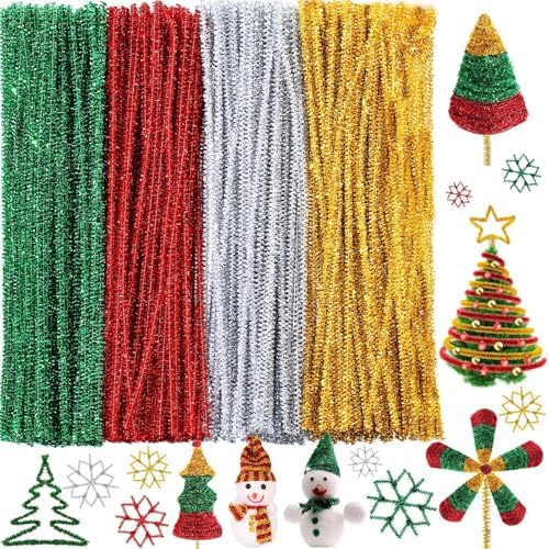 WILLBOND 400 Pieces Christmas Pipe Cleaners Craft Pipe Cleaners Glitter Chenille Stems Creative Arts Chenille Stems for DIY Craft Christmas Decoration, 12 Inches (Red, Gold, Silver, Green)