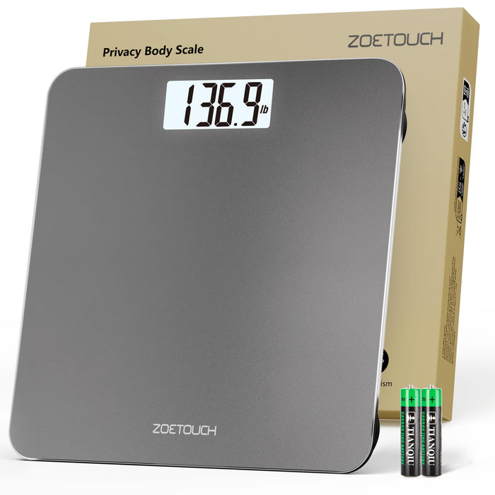 ZOETOUCH Bathroom Scale for Body Weight Digital Weighing Machine with Backlit LCD Display, Most Accurate Bath Scale for People, High Precision, Grey,Tempered Glass Batteries Included, 396lb/180kg