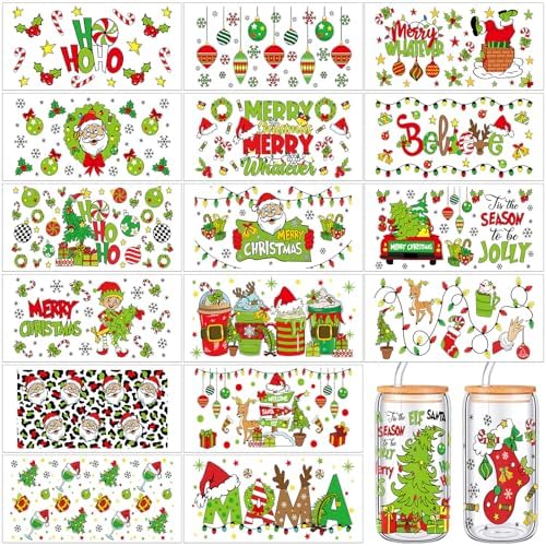 18 Sheets Christmas UV DTF Cup Wraps Transfer Sticker for Glass Lime Green Christmas Rub on Transfers Tumbler Sticker Santa Xmas Tree Waterproof Decals for DIY Craft Gift Festival Decoration