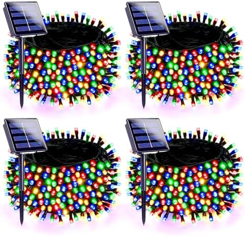 4 Pack 180FT Solar Christmas Lights Outdoor Waterproof, Super Bright 320 LED Solar String Lights with 8 Lighting Modes, Green Wire Twinkle Tree Light for Outside Xmas Party Decorations (Multi-Colored)