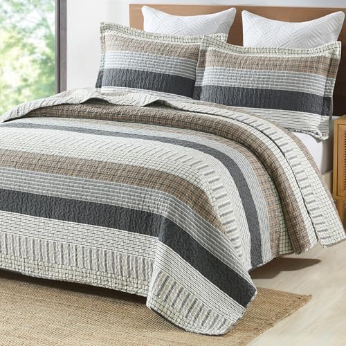 PANGUSHAN 100% Cotton Quilt Set King Size, Patchwork King Quilt Bedding Set Bedspreads, Farmhouse Lightweight Comforter Reversible Quilt, White/Brown/Grey Bed Spread for All Season, 3 Pieces