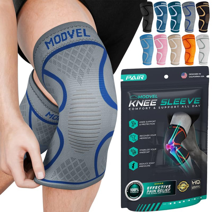 Modvel 2 Pack Knee Brace for Women & Men - Workout Knees Compression Sleeve for Knee Pain Relief Joint Support for ACL, Arthritis, Meniscus Tear Knees Brace for Sports, Rodilleras para Gym Fitness
