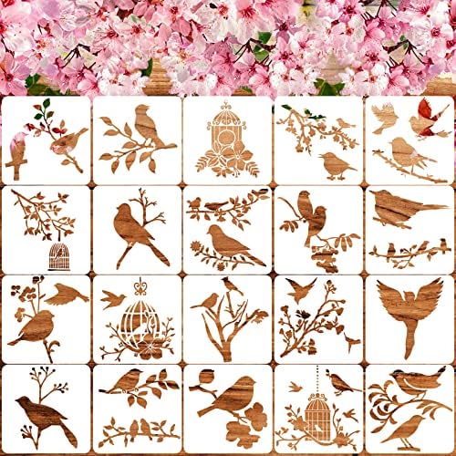 20 Pieces Bird Stencils for Painting Reusable Animal Plante Spring Stencil, DIY Template for Painting on Wood Canvas Christmas Decor