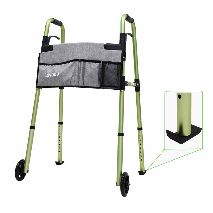Loyoda Folding Walkers for Seniors,FSA/HSA Eligible Medical Walker with Storage Bag and Glide Skis 5'' Front Wheel Lightweight Walker Height Adjustable Aluminum Standard Walker for Disabled (Green)