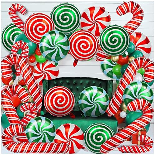 36Pcs Christmas Balloons Kit, Cane Candy Foil Balloons with Ribbons, Red Green Mylar Balloon for Party Decorations