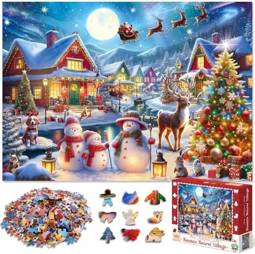 500 Piece Christmas Puzzle for Adults and Kids Santa's Secret Village Jigsaw Puzzle with Irregular Shape Christmas Puzzle Gift for Adults and Teens Family Challenging Puzzle Perfect for Game Nights