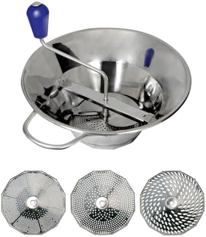LOUIS TELLIER - Manual Stainless Steel Food Mill - Professional - Includes 3 Discs - High Productivity (3.3 lbs/minute) - Soups, Purees, Compotes, Coulis – 12.2 in x 12.2 in x 9.8 in - Made in France