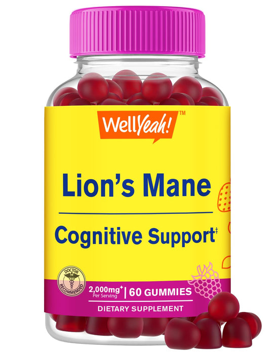 WellYeah Lions Mane Gummies for Adults (2,000mg) | Lions Mane Supplement Memory and Focuse Support | Gluten Free, Non GMO | Berry Flavor | Lion's Mane Gummies 60 Count