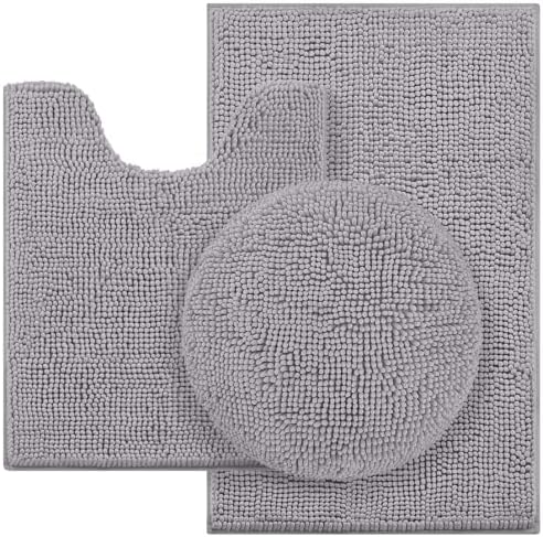HOMEIDEAS Grey Bathroom Rugs Sets 3 Piece, Chenille Bath Rugs Soft Absorbent Non Slip Washable Bath Mats with Toilet Lid Cover, Perfect for Bathroom
