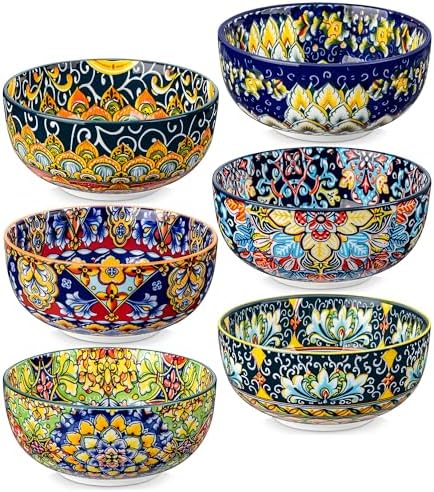 vancasso Cereal Bowls Set of 6, Bohemian Ceramic Soup Bowls, 28 oz Colorful Bowls Set for Kitchen, Dishwasher & Microwave Safe for Salad, Pasta, Rice, Oatmeal, Fruit