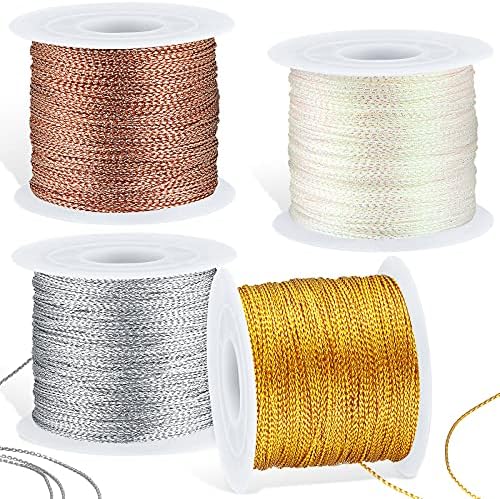 Shappy 440yards x 1mm Metallic Cord Tinsel Rope for Christmas Ornament Hooks and Gift Wrapping, Ribbon Wrap Thread Tag Cord for Craft Making(Colorful White, Gold, Silver, Rose Gold)