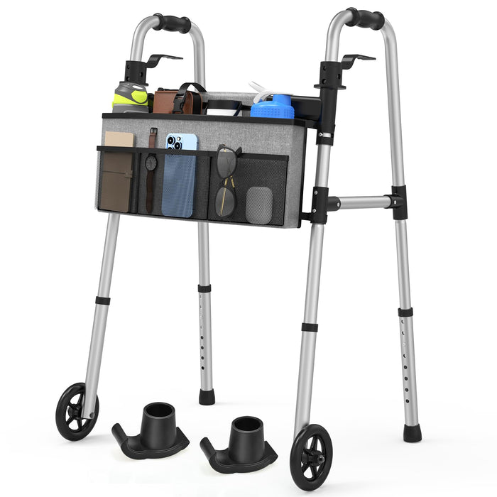 FSA/HSA Eligible Folding Walker with Large Basket and 2 Glide Skis, 5" Wheels Lightweight Walkers for Seniors and Adults, Supports Up to 350 Pounds, Adjustable Height, Compact Standard Walker
