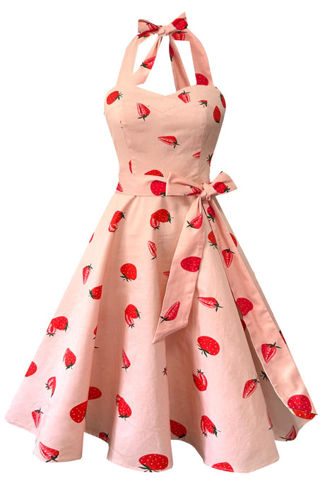 Topdress Women's Vintage Polka Audrey Dress 1950s Halter Retro Cocktail Dress Strawberry 3XL