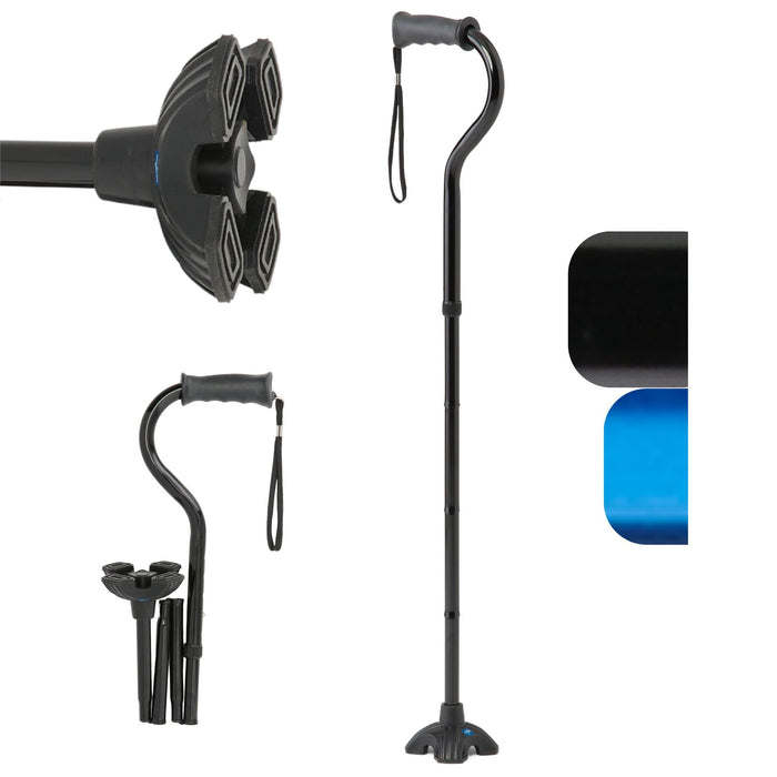 Medline Offset Folding Cane, 4-Point Base With Cushioned Gel Handle, Supports Up To 350 Lbs, Black