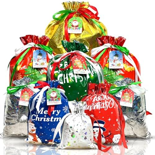 38PC Christmas Drawstring Gift Bags with Tags, Assorted Sizes for Xmas Party Favors & Holiday Present Wrapping, Small/Medium/Large