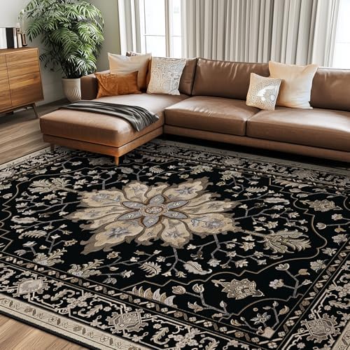 Area Rugs 8'x10' Washable Non-Slip, Floral Vintage Distress Print Pattern Medallion Carpet for Living Room Bedroom Dining Room, Black Brown Neutral Dark Tan