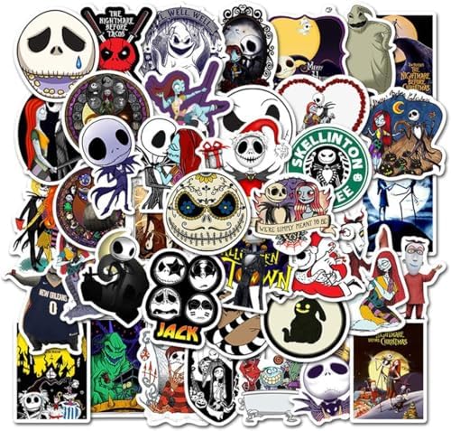 50 Halloween Theme Stickers Pack - The Nightmare Before Christmas Thriller Horror Stickers, Fun for Kids & Teens, Decorate Water Bottles, Laptops, Helmets (Black & White)