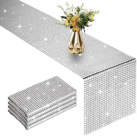 4 Packs Glitter Disco Party Table Runner 12 x 108 Inches Mirror Silver Foil Decor for 70s 80s Disco Party Decorations Birthday Home Table Decorations