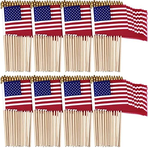 150 Pcs Small American Flags on Stick 4 x 6 Inches Handheld USA Flags with Gold Spearhead for 4th of July, Memorial Day, Independence Day Parades Patriotic Party Outdoor Lawn Yard Decorations