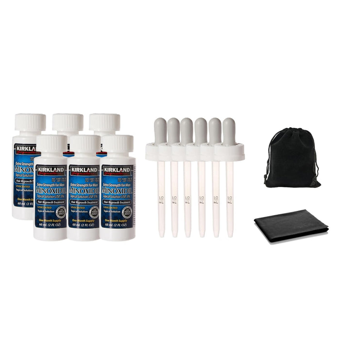 Minoxidil for Men 5% Topical Solution Extra Strength Hair Regrowth Treatment, Dropper Applicator Included (6 month supply), 6 x 2 Fl Oz Clear, 6 x 1ml Syringes, W/Cleaning Cloth and Traveling Pouch