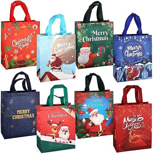 8PCS Christmas Tote Treat Non-Woven Gift Bags with Handles for Gifts Wrapping Shopping, Xmas Party Supplies
