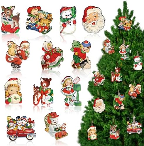36pcs Vintage Christmas Ornaments for Tree Decorations – Wooden Retro Ornaments Cutouts with Girl, Snowman, Reindeer Christmas Decor for Xmas Tree, Home, Office