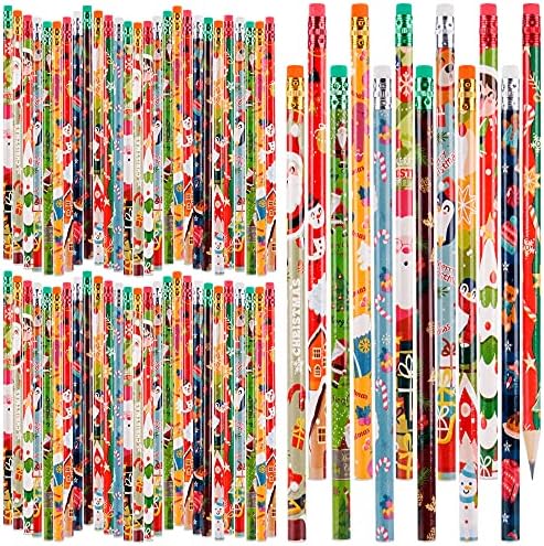 Kolewo4ever 200 Pieces Christmas Pencils Xmas Wood Pencils with Eraser Tops Snowman, Santa and Elk Pencil Assortment Christmas Stationery Pencil,12 Styles (200)