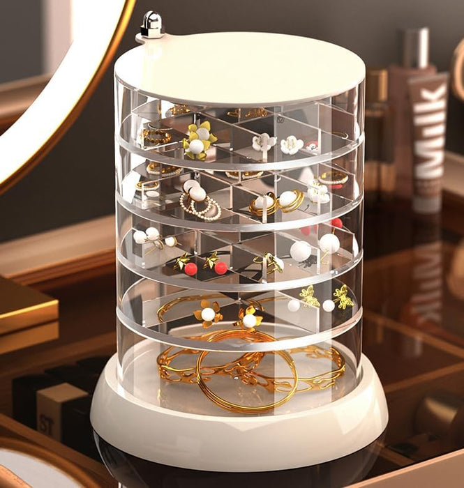 Clear 5-Layers Acrylic Jewelry Box, Multi-Compartment Hair Accessories Organizer, 360° Rotating Bathroom Containers for Hair Tie, Earrings, Rings and Necklace for Girls Women