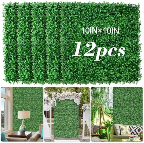 AOKIE 10"X10" Artificial Grass Wall, 12Pcs Boxwood Hedge Wall Panels UV-Anti Grass Backdrop Wall Decor, Greenery Privacy Hedge Screen for Indoor Outdoor Patio Balcony, Party Garden Fence Decor