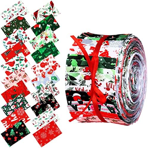Tegeme 40 Pcs Christmas Jelly Fabric for Quilting Strips, 2.55 Inch Xmas roll, Red and Green Precut Fabric Patchwork Rolls for Quilting and Sewing DIY Crafts (Vivid Style)
