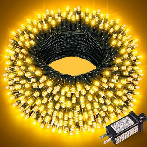 100FT 300 LED Christmas Lights Outdoor, Warm White Christmas Tree Lights with 8 Modes Waterproof, Plug in Connectable Green Wire String Lights Indoor for Patio Garden Xmas Party Decorations