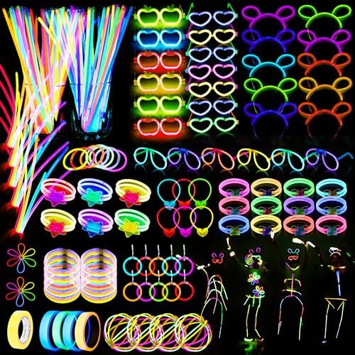 470psc Glow in the Dark Party Supplies for Adults Birthdays,Light Up Party Favors with 200 Glow Sticks Bulk,DIY Glow Necklaces Glasses Bracelets Headband, Christmas Neon Party Supplies