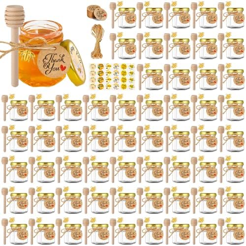 Mini Glass Honey jars-1.5 oz,60pcs Hexagon Honey Jars with Wood Dipper,Stickers,Bee Pendants,Tags,Rope,Small Honey Jars with Lids,Perfect for Wedding Favors,Jams,Baby Shower,Party Favors