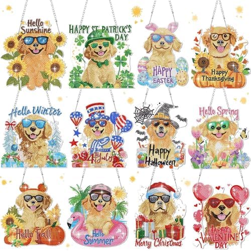 12 Pcs Seasonal Diamond Art Wreath Kits Holiday Fall Halloween 5d DIY Diamond Art Hanging Signs Thanksgiving Christmas Ornaments for Wall Door Decoration(Dog)