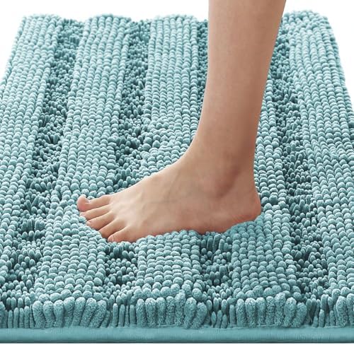 H.VERSAILTEX Bath Mat for Bathroom - Non Slip, Extra Thick Chenille Striped Rug, 17" x 24", Absorbent, Soft Shaggy, Washable, Dry Fast - Aqua Haze