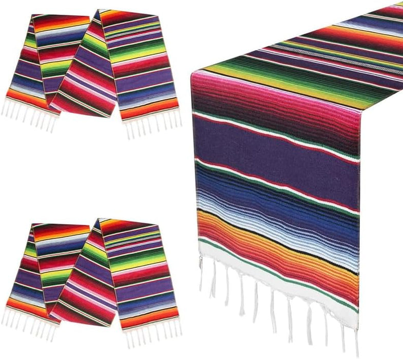 Mexican Table Runner for Cinco de Mayo Decorations, 14" x 108" 2 Pcs Hand Woven Mexican Blanket Table Runner Fiesta Party Supplies, Fringe Cotton Serape Table Runner for Mexican Party Wedding Decor
