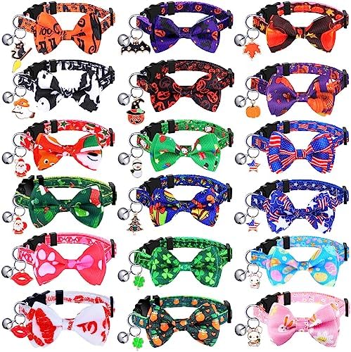 Kacctyen 18 Pcs Christmas Cat Collars Holiday Cat Collars Fall Decoration Breakaway Adjustable Bowtie Bulk Xmas Pet Kitten Bowtie Decor(Small)