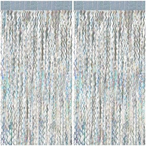 2 Pack Silver Backdrop Curtain Tinsel Streamers Sparkle Metallic Wavy Foil Fringe Photo Booth Props for Birthday Graduation Bachelorette New Year Christmas Wedding Disco Party Decorations