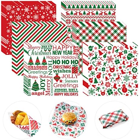 240 Pcs Christmas Wax Paper Dry Waxed Deli Paper Sheets 12x12 inch Sandwich Wrap Papers Winter Decorative Food Basket Liner Waterproof Greaseproof Food Papers Sheets for Home Kitchen Xmas New Year