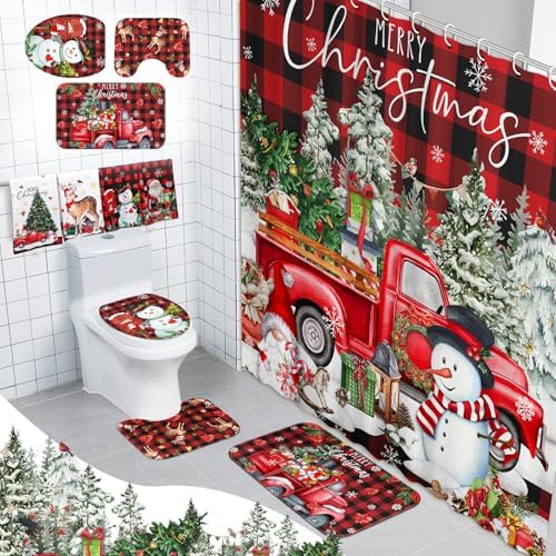 8 Pcs Christmas Shower Curtain Set Xmas Santa Bathroom Decoration Christmas Tree Hand Towels Snowman Toilet Lid Cover Bathroom Rugs Xmas Shower Curtain with Hooks(Buffalo Plaid)