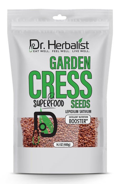 Dr. Herbalist-Garden Cress Seed 14.1Oz/400g, Lepidum Sativum, Halim Seeds, Watercress Seeds, Haleem Seeds, Cress Seeds, Aliv Seeds, Rashad Seed for Eating, Excellent Nutrition Booster, Resealable Bag