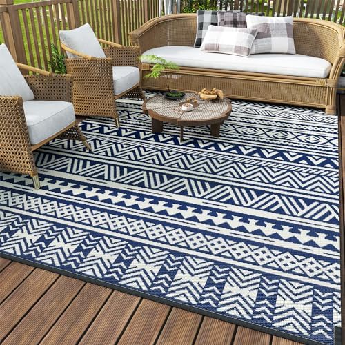 MontVoo Outdoor Rug Carpet Waterproof 6x9 Outdoor Patio Rug Mat Reverisble Plastic Straw Outdoor Rug for RV Camping Picnic Beach Balcony Boho Navy Blue