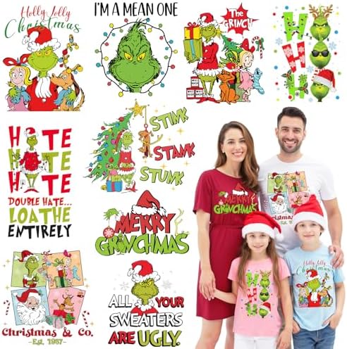 9 Sheets Christmas Iron on Transfers for T-Shirts, DTF Transfers Ready to Press, Heat Transfer Vinyl Xmas Iron on Patches Iron on Decals for Clothes Shirts Pillow Bag Covers Christmas DIY Crafts