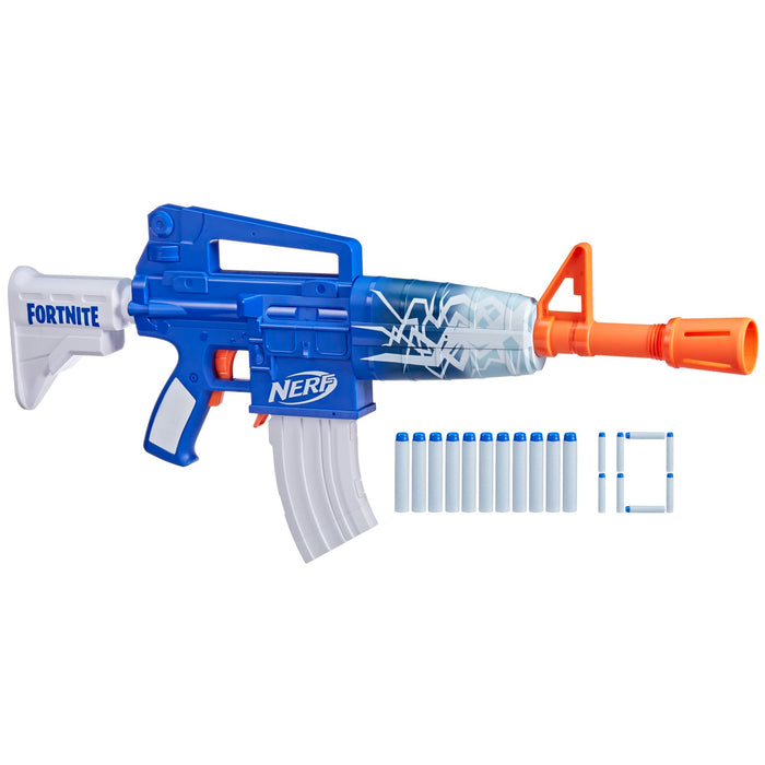 Retros Market Fortnite Blue Shock Blaster, 10-Dart Clip, 10 Elite Nerf Darts, Includes Bonus Code to Unlock The Beat Wrap in The Game, Motorized Dart Blaster