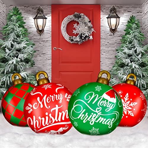 Jetec 4 Pcs 32 Inch Giant Inflatable Christmas Ball Large Xmas Inflatable Ornaments PVC Outdoor Holiday Blow Ball Outside Yard Lawn Porch Decorations(Mixed Red Green,Classic)